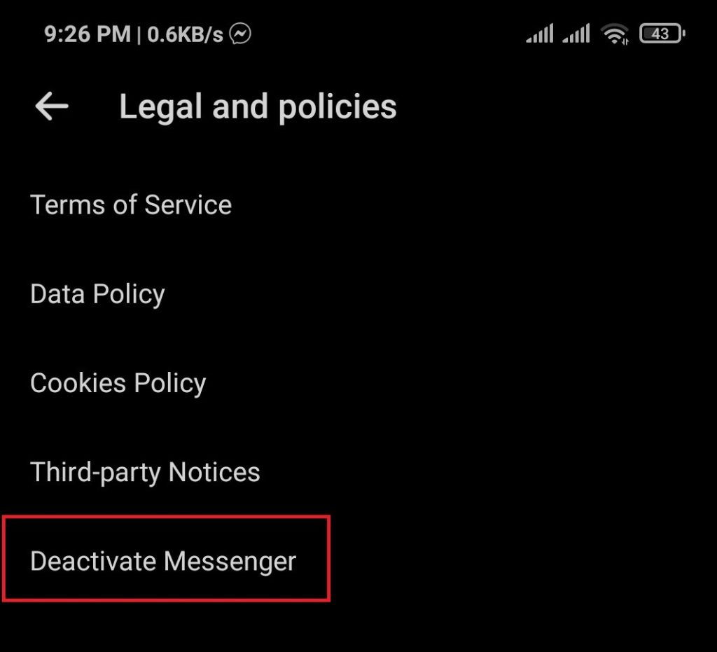 deactivate Facebook messenger option