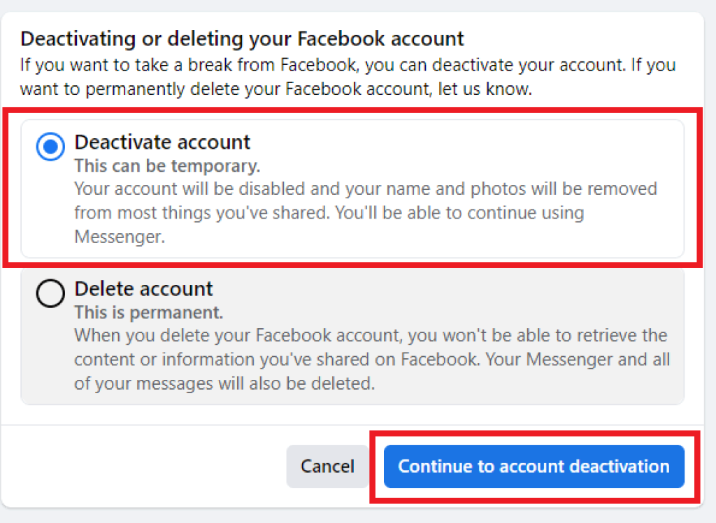Account deactivation Facebook website