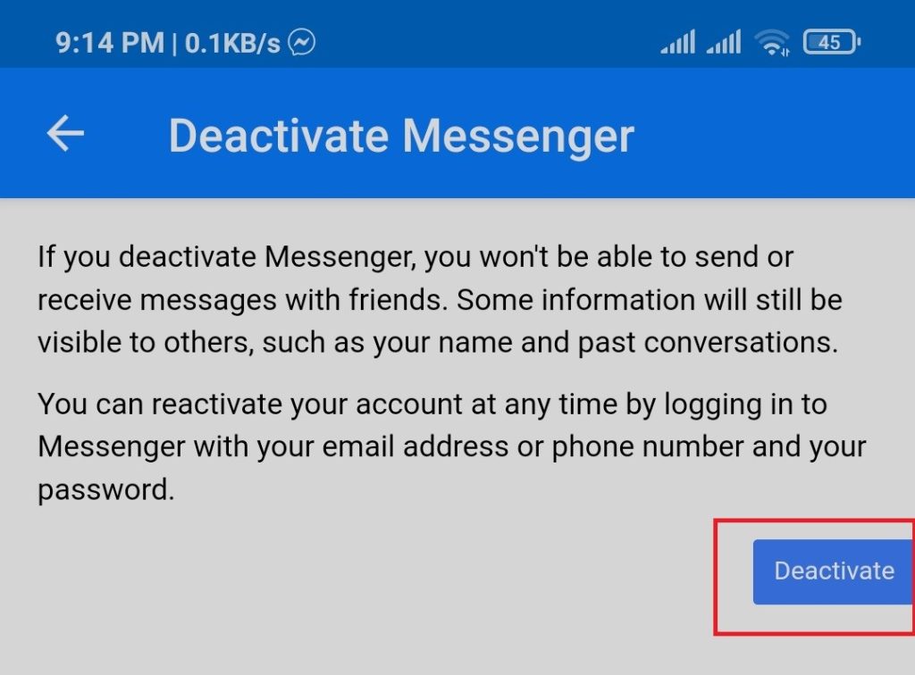 deactivate Facebook messenger account