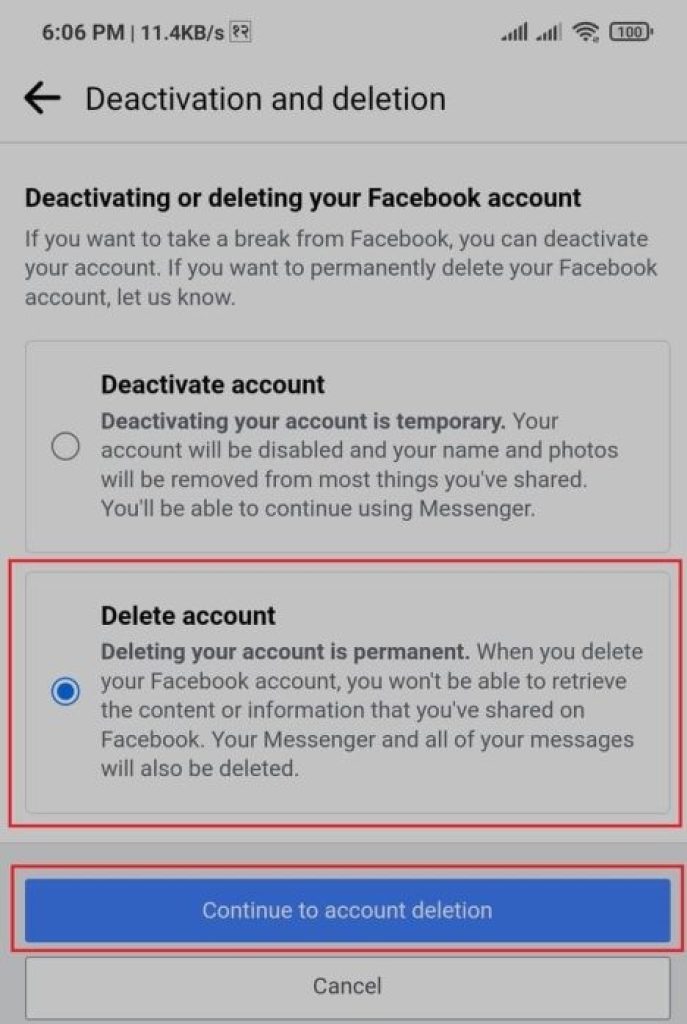 Account deletion Facebook app