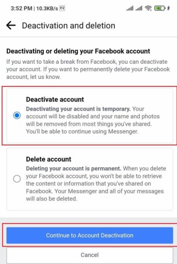 Account deactivation Facebook app