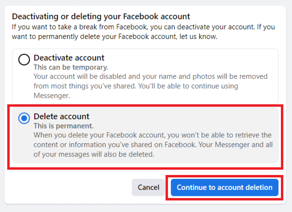 Account deletion Facebook website