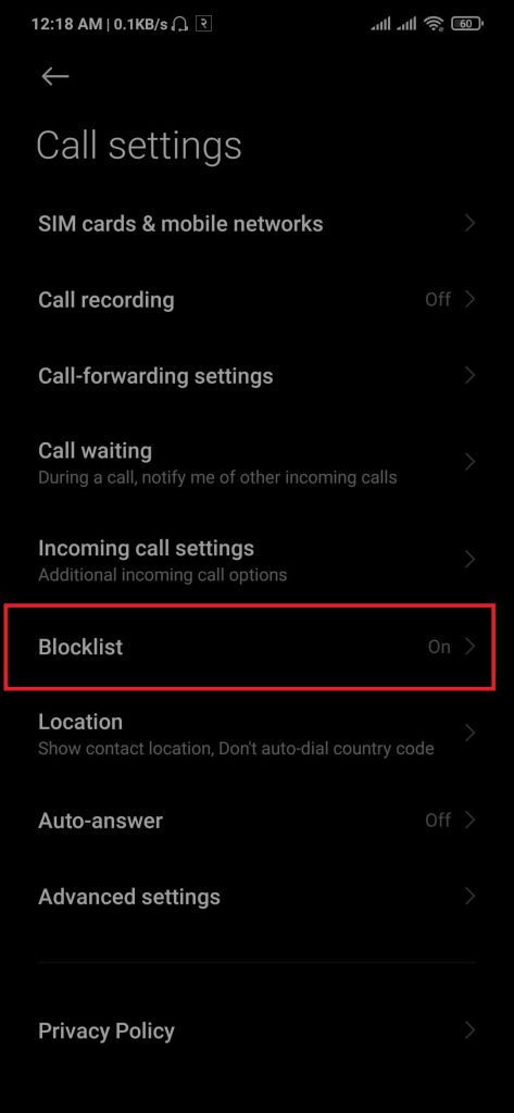 blocklist option on android phone