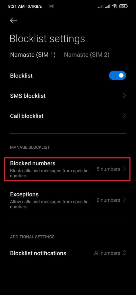 Blocked numbers option on Android