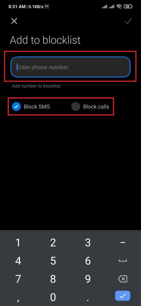 Enter number to block text message