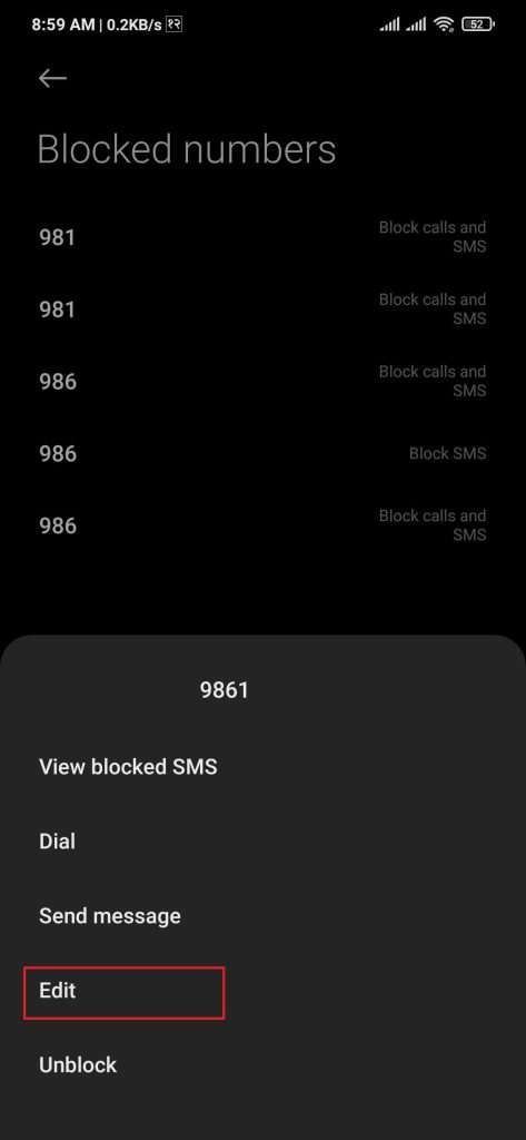 Select blocked number on android