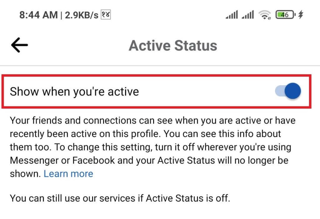 Turn off active status using Fb app