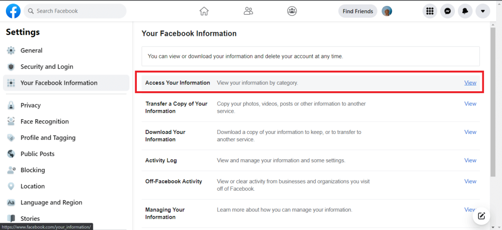 Access your information on Facebook