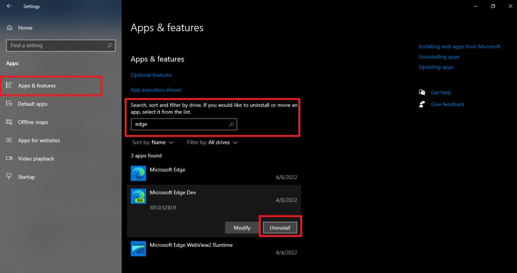 Uninstall Microsoft Edge in windows 10
using windows settings