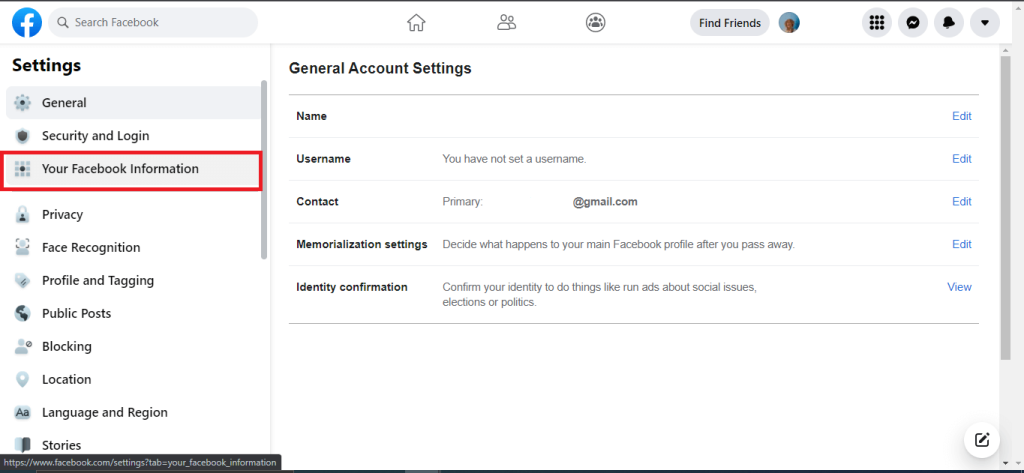 Facebook account information