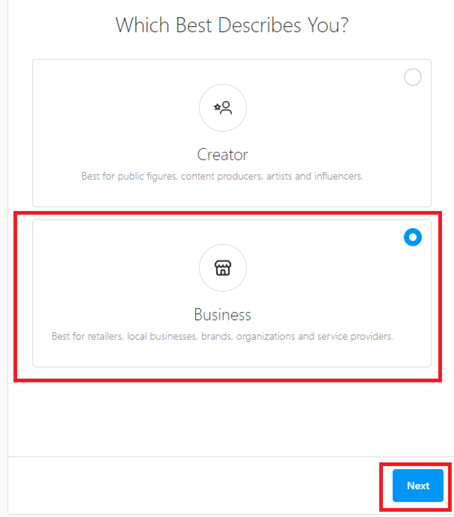 Business page type to create Instagram page