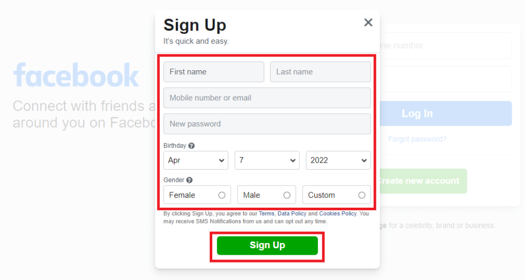 Facebook Account signup