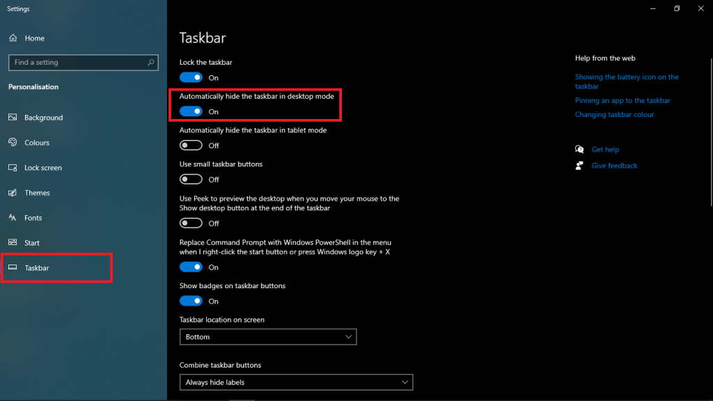 Personalize to hide the taskbar