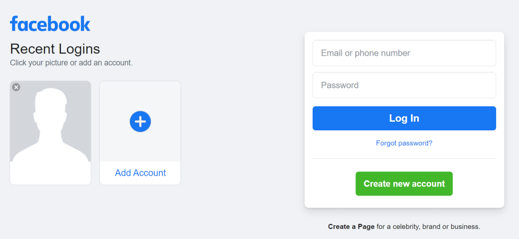 Login page after logging out from a single facebook account