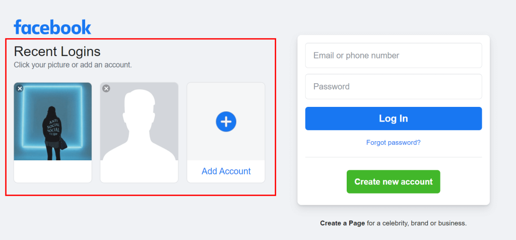 Facebook login page for multiple accounts