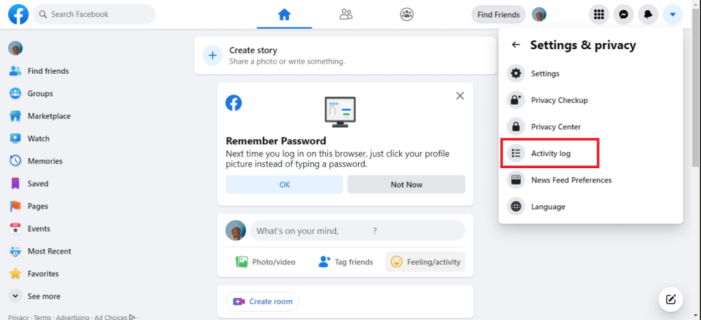 Activity log option on Facebook