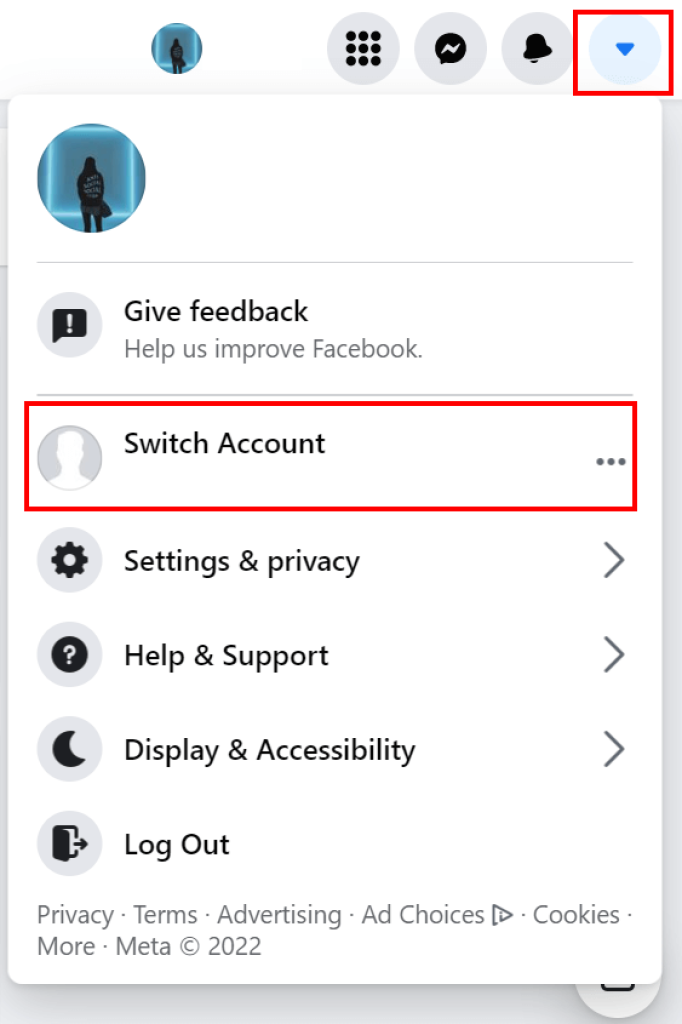 Switch Accounts option on facebook website