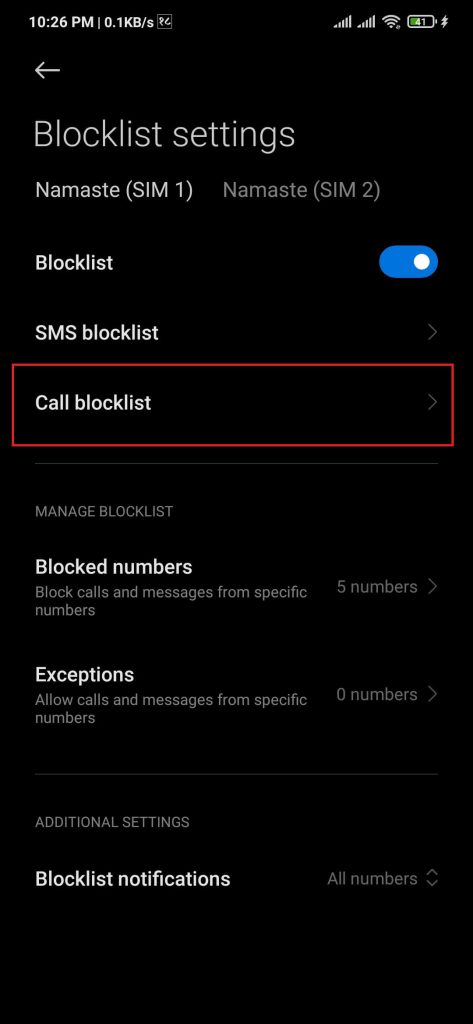 blocklist settings on android