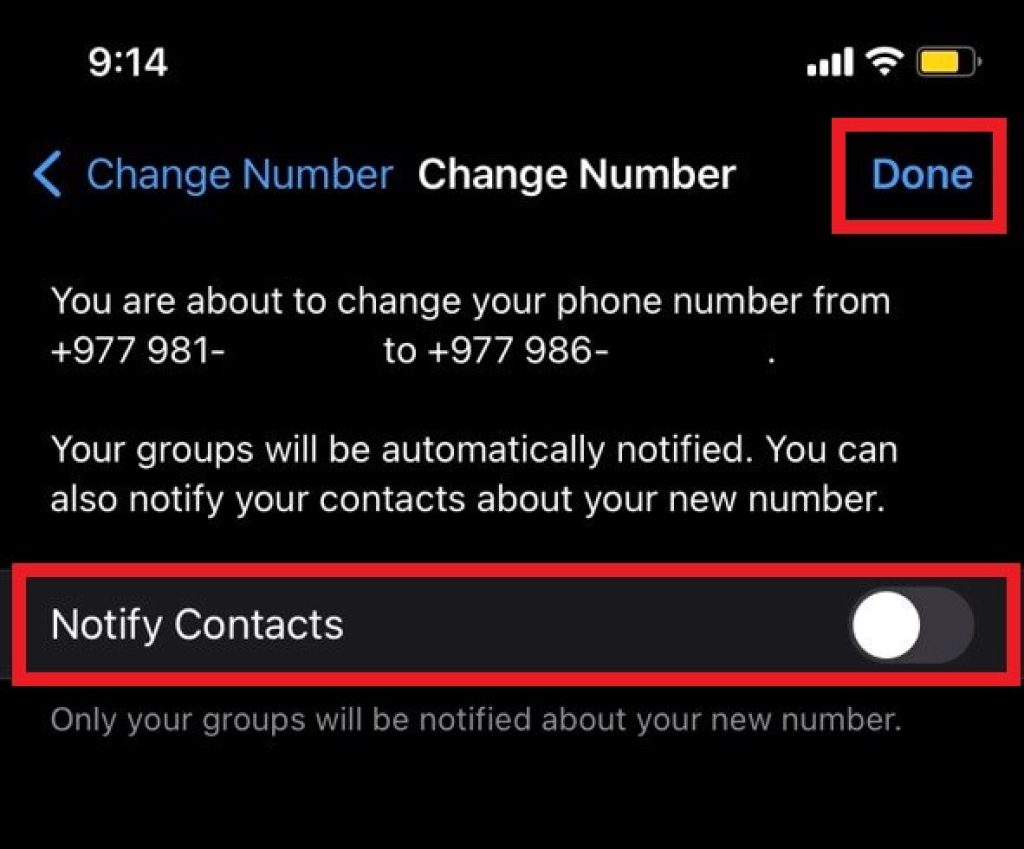 WhatsApp Change Number confirmation on iOS