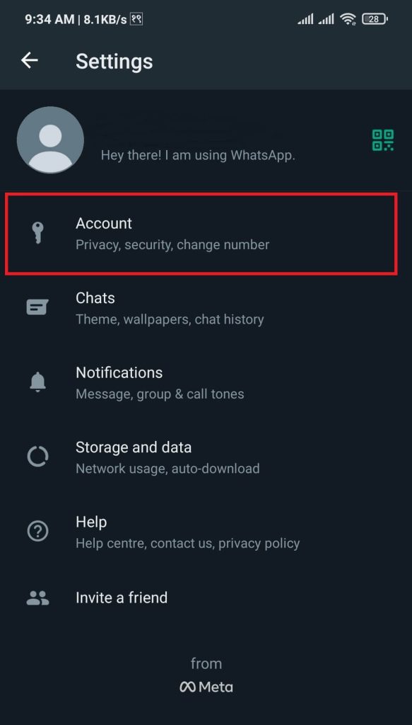 Account option on WhatsApp