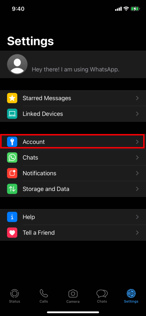WhatsApp Settings page on iOS