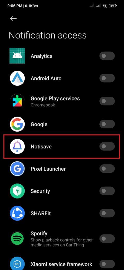 Notisave notification access