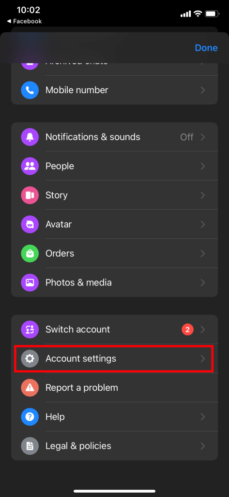 Account settings on messenger