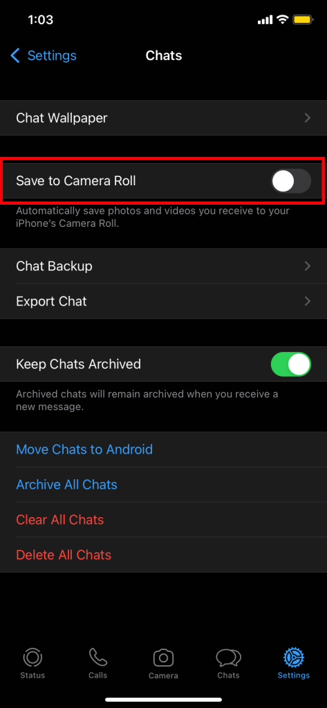 toggle camera roll to stop WhatsApp from photos saving