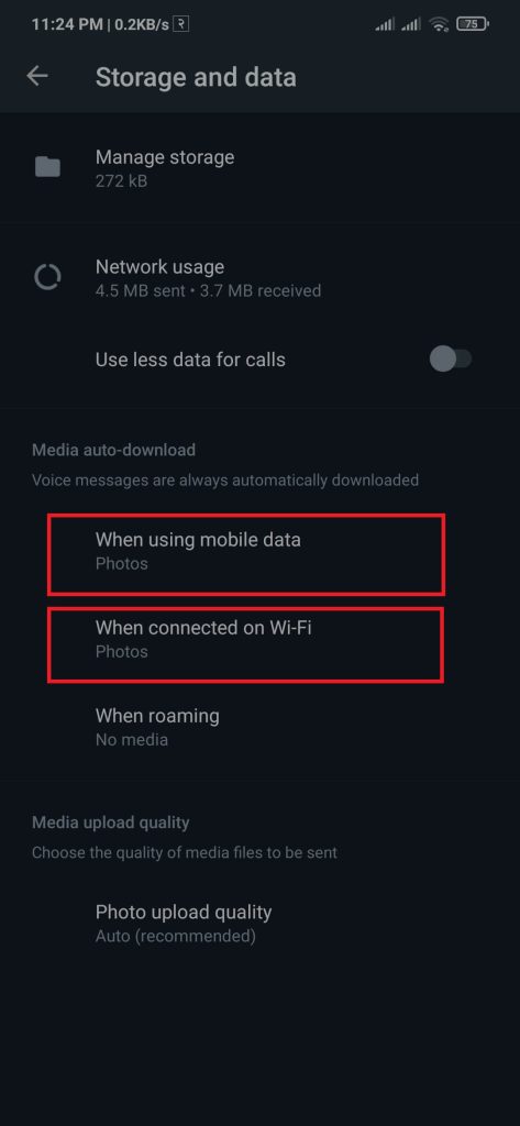 Choose data option on WhatsApp