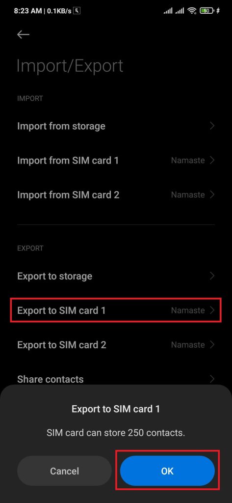 Export to SIM card option
