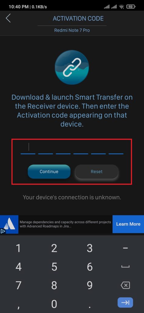 Smart Transfer activation code on Android