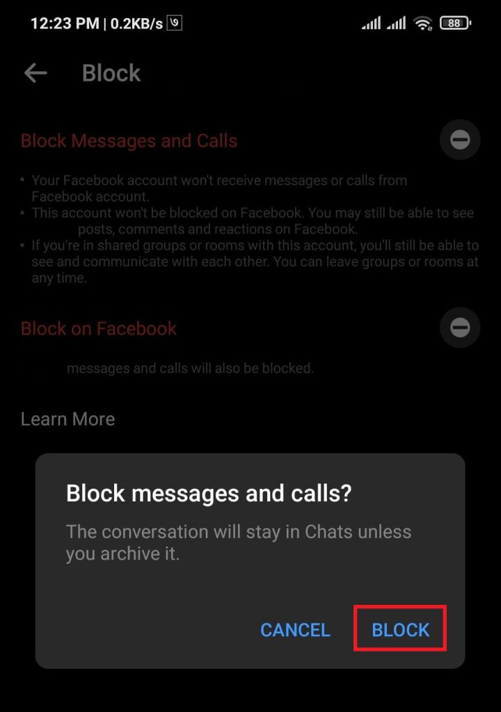 Confirm block on messenger