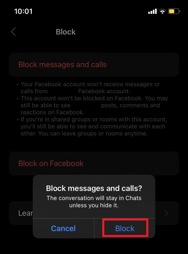 confirm blocking on Messenger