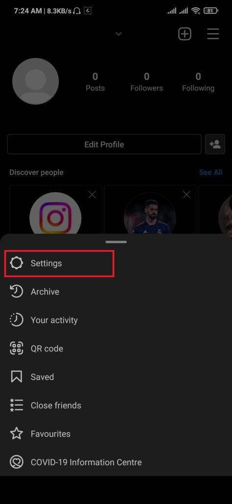 settings option