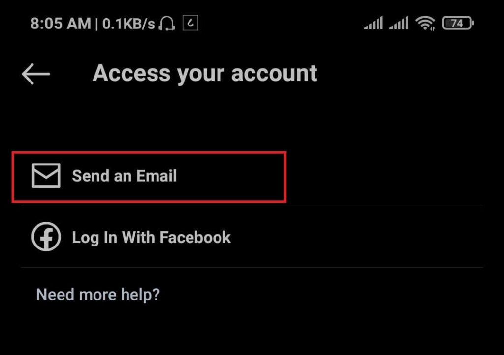 Send recovery links on email for changing Instagram password