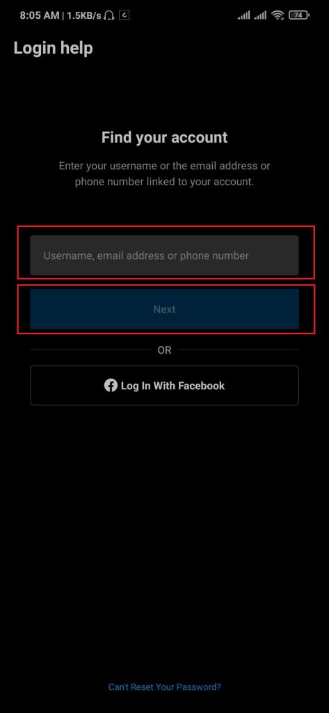 Enter username, email or phone number