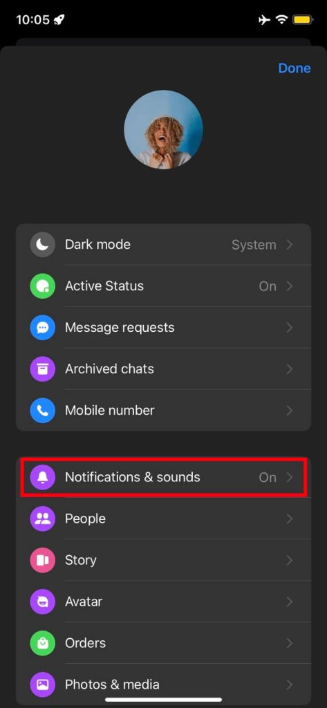 Notifications & sounds option on Messenger settings