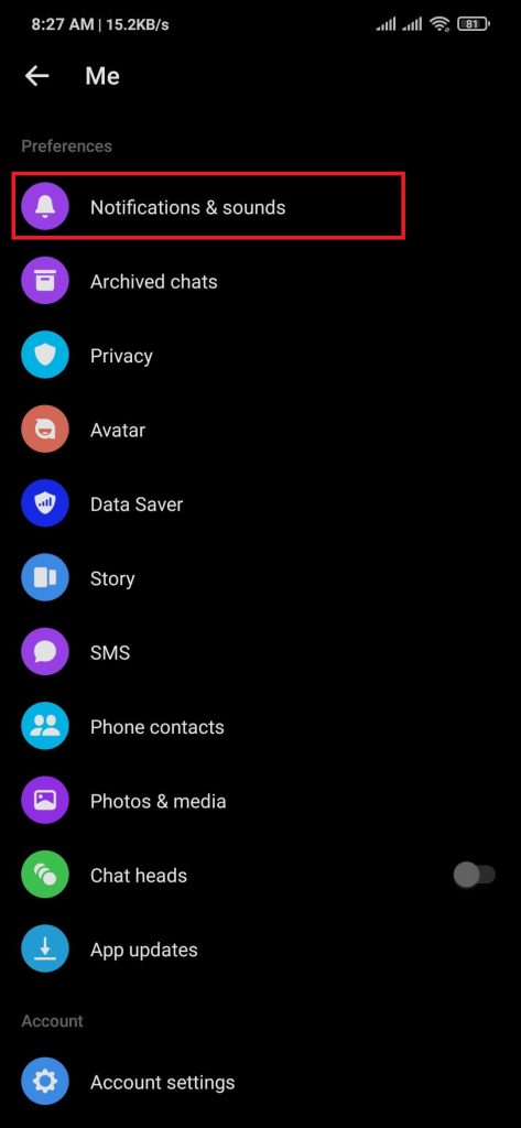Notifications & sounds settings on Messenger