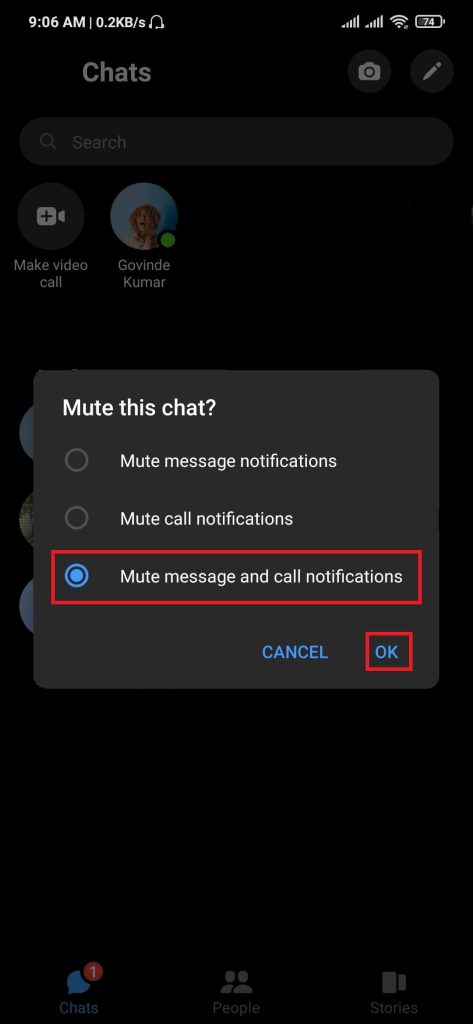 Mute message and call notifications on Messenger