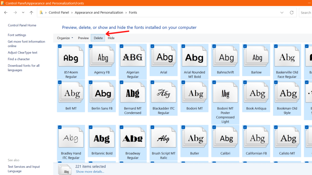 Delete font files in computer.