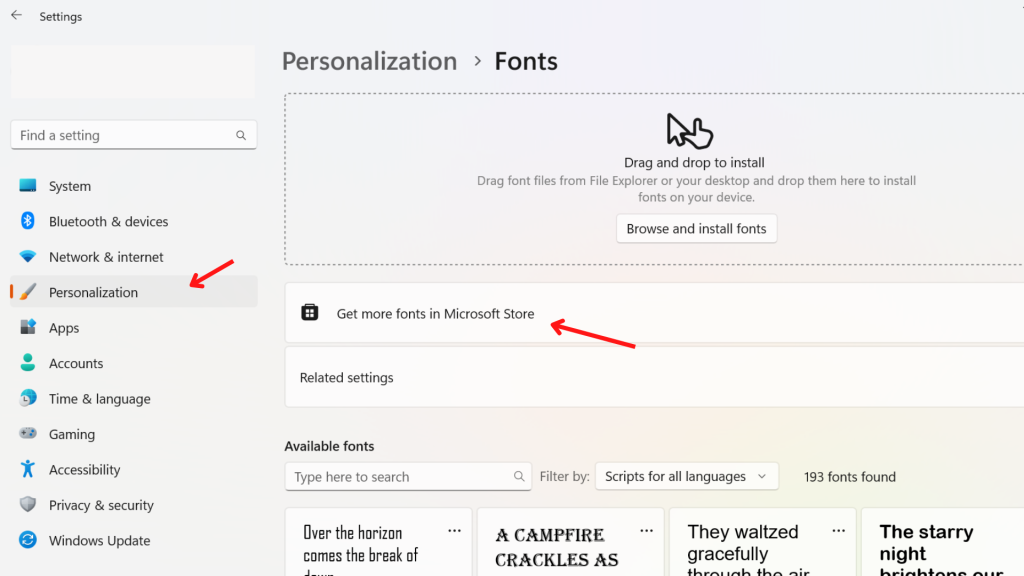 Find Get more fonts in Microsoft Store option.