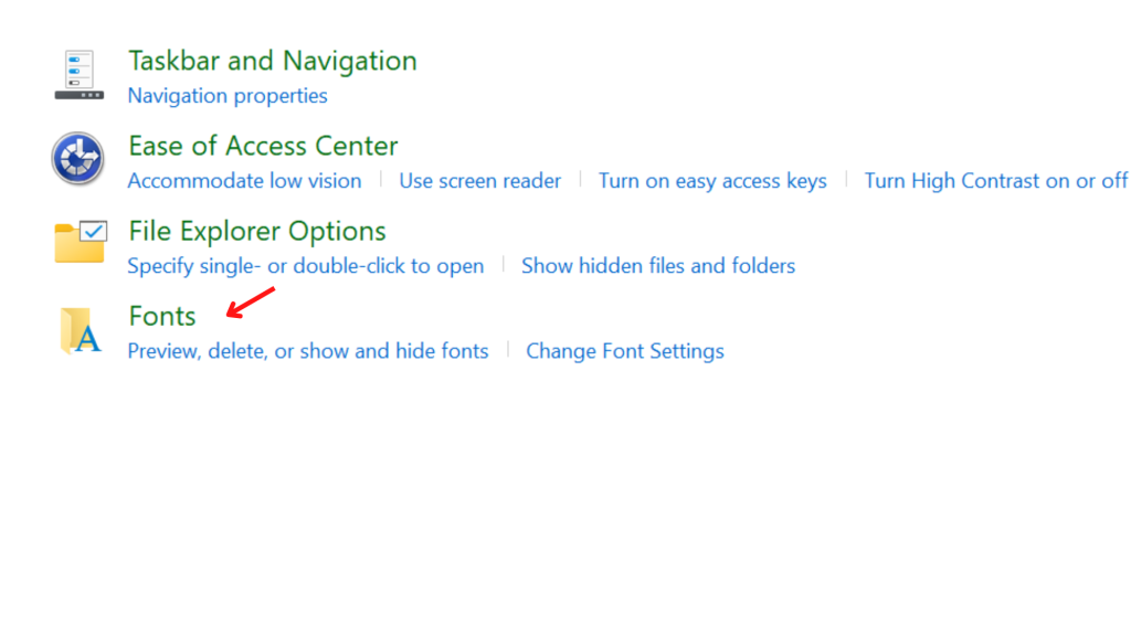 Find fonts option inside control panel