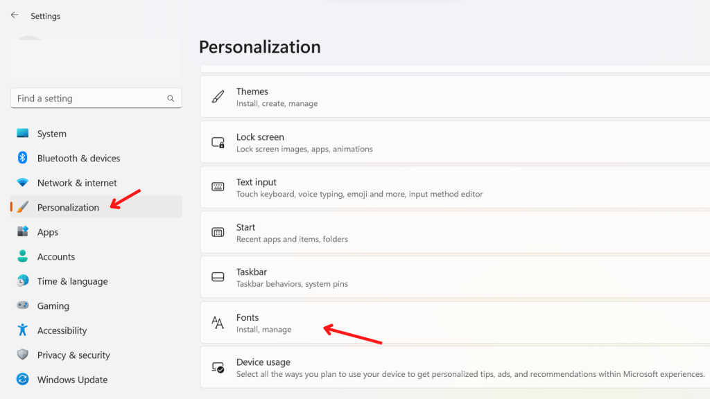 Find fonts option in Windows 11 Settings