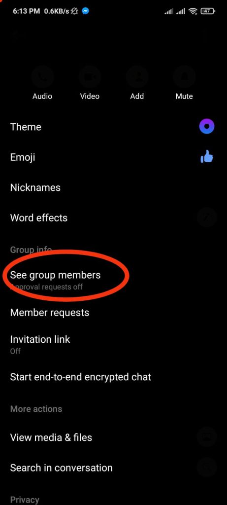 Cliking in see group members in android phone
