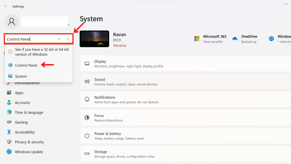 This image shows a way to locate control panel in settings.