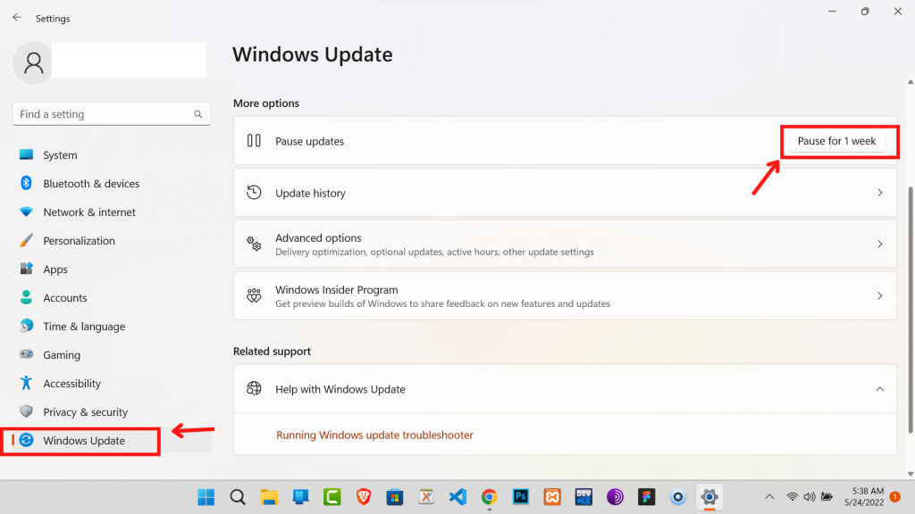 Image that shows how to Pause Windows 11 updates for 1 Week