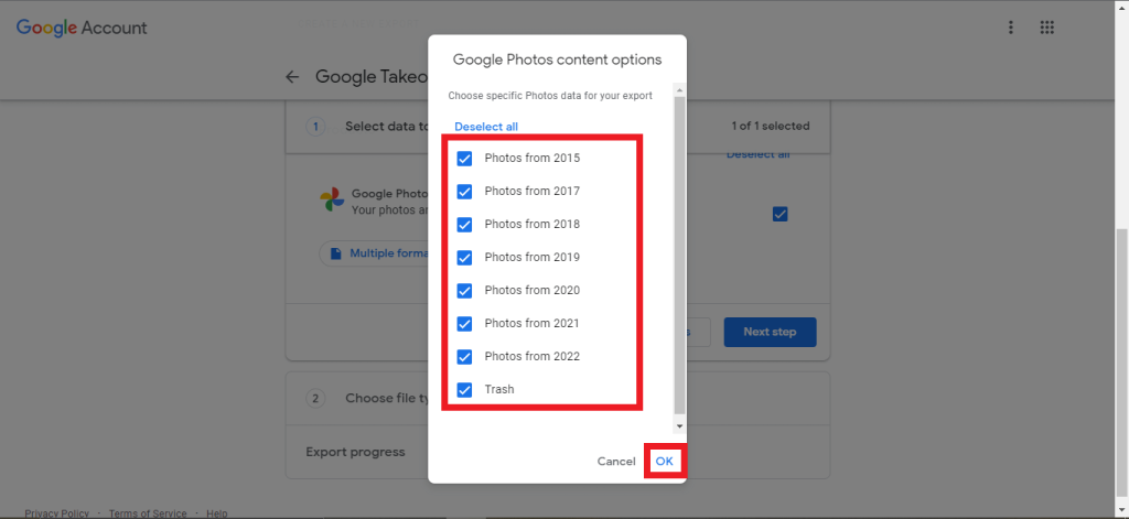 Google Photos content options