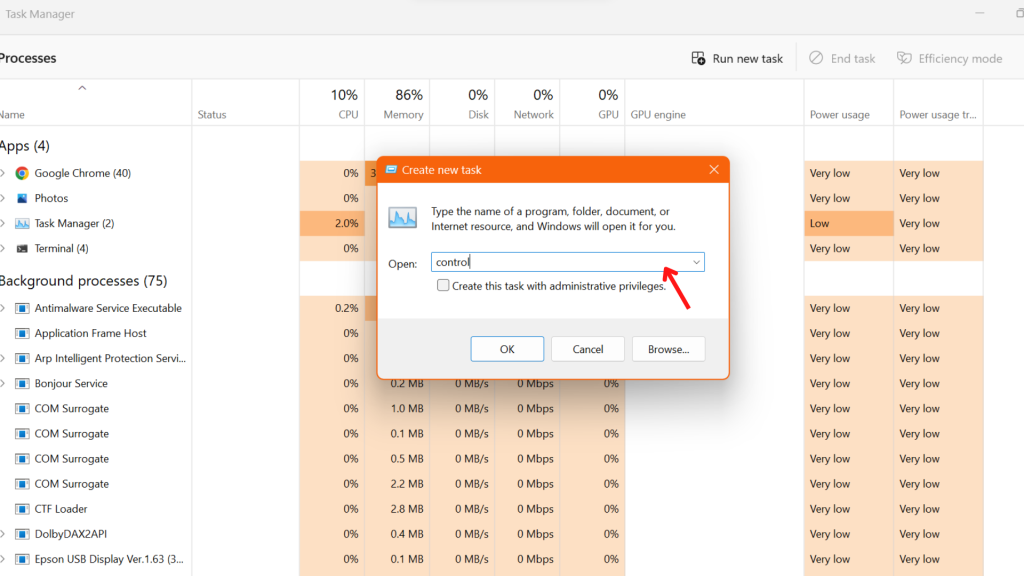 This image helps you Find the control panel in windows 11 from task manager