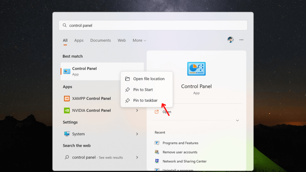 This image helps you pin control panel to the Taskbar