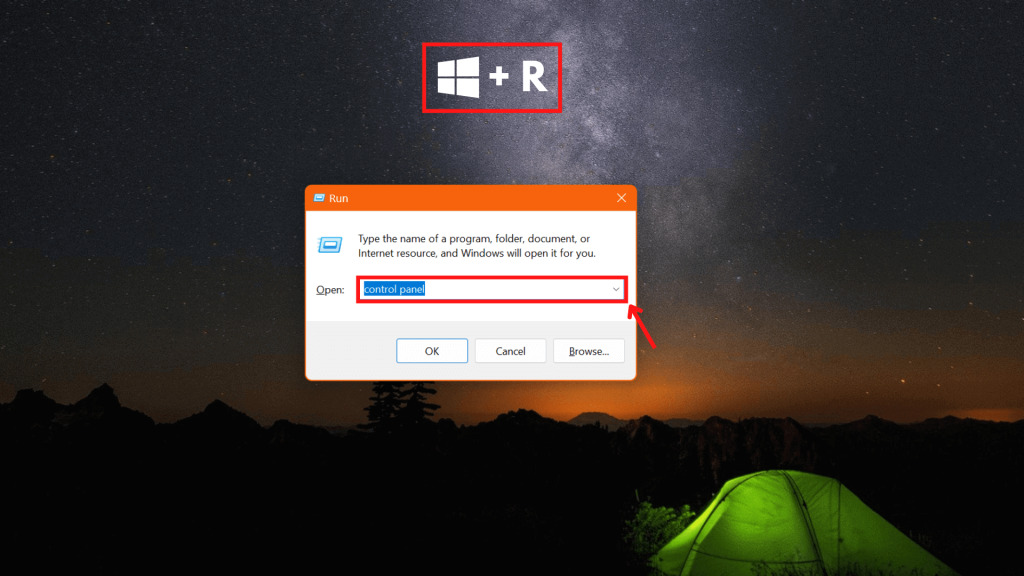 This image shows the method to find the control panel in windows 11 Using Run Feature